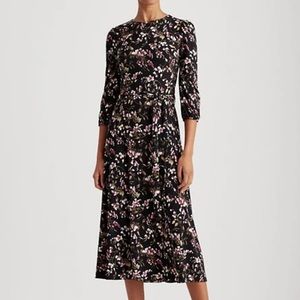 Lauren Ralph Lauren 3/4 Sleeve Black Floral Print Fit-and-Flare Midi Dress